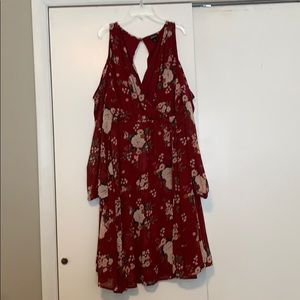 Maroon floral print, chiffon faux wrap dress
